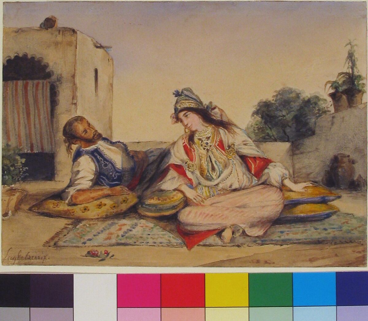 A Moroccan Couple on Their Terrace, Eugène Delacroix (French, Charenton-Saint-Maurice 1798–1863 Paris), Watercolor over traces of graphite