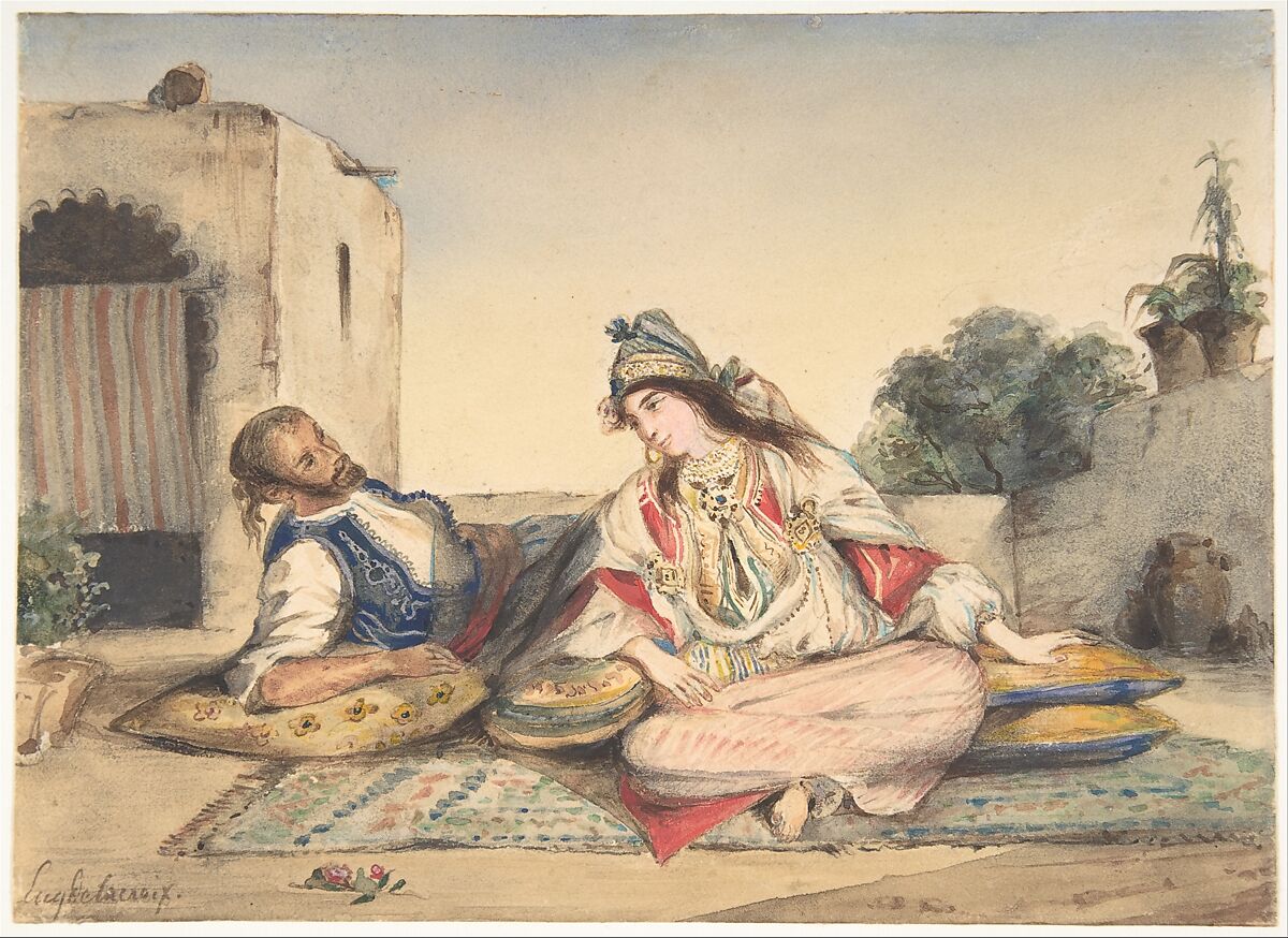 A Moroccan Couple on Their Terrace, Eugène Delacroix (French, Charenton-Saint-Maurice 1798–1863 Paris), Watercolor over traces of graphite 