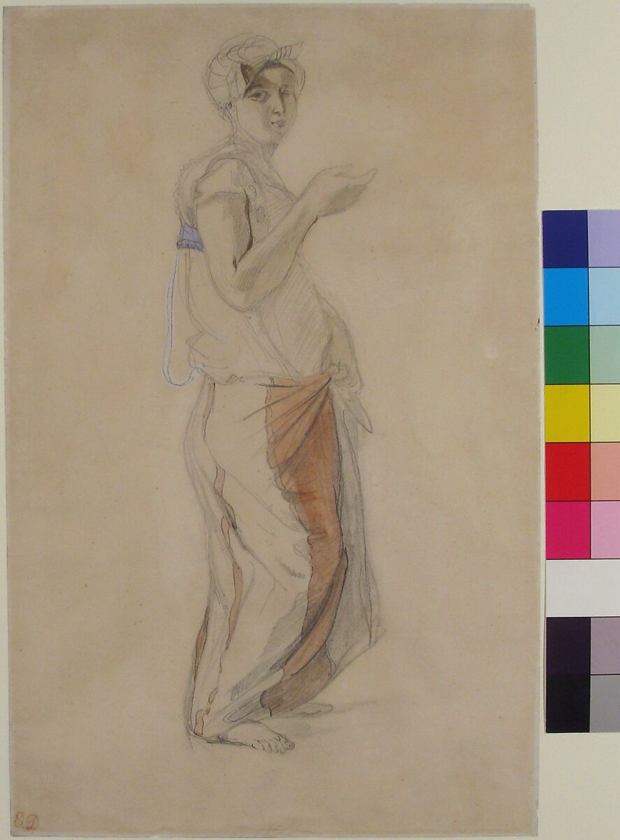 Standing Woman in Moroccan Costume, Eugène Delacroix (French, Charenton-Saint-Maurice 1798–1863 Paris), Graphite and watercolor on wove paper
