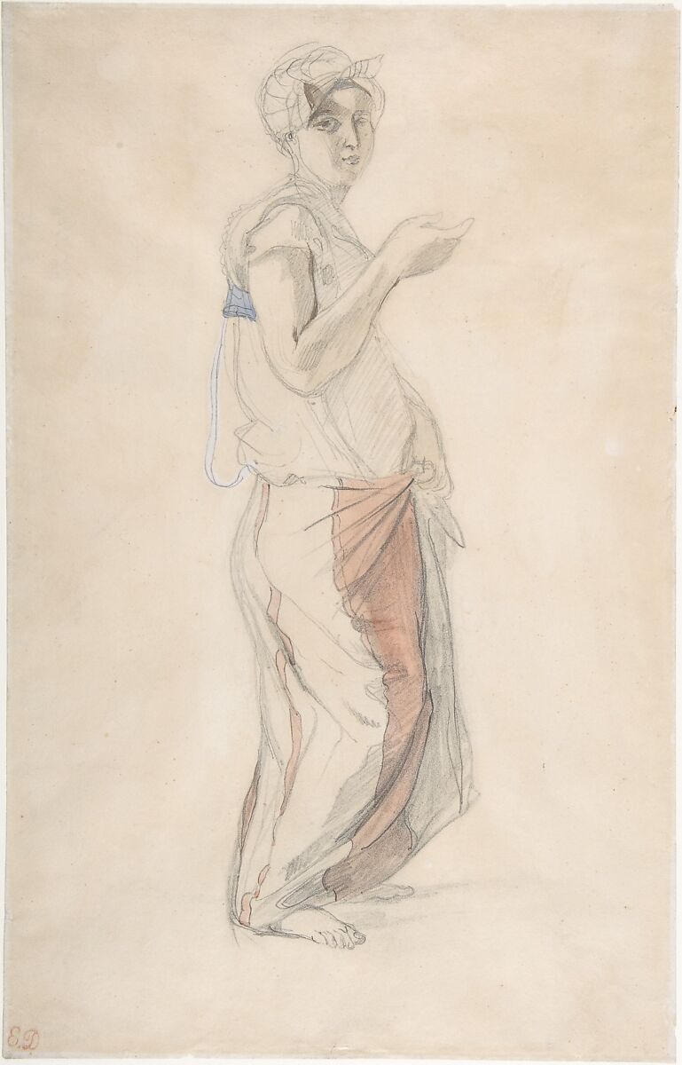 Standing Woman in Moroccan Costume, Eugène Delacroix (French, Charenton-Saint-Maurice 1798–1863 Paris), Graphite and watercolor on wove paper 
