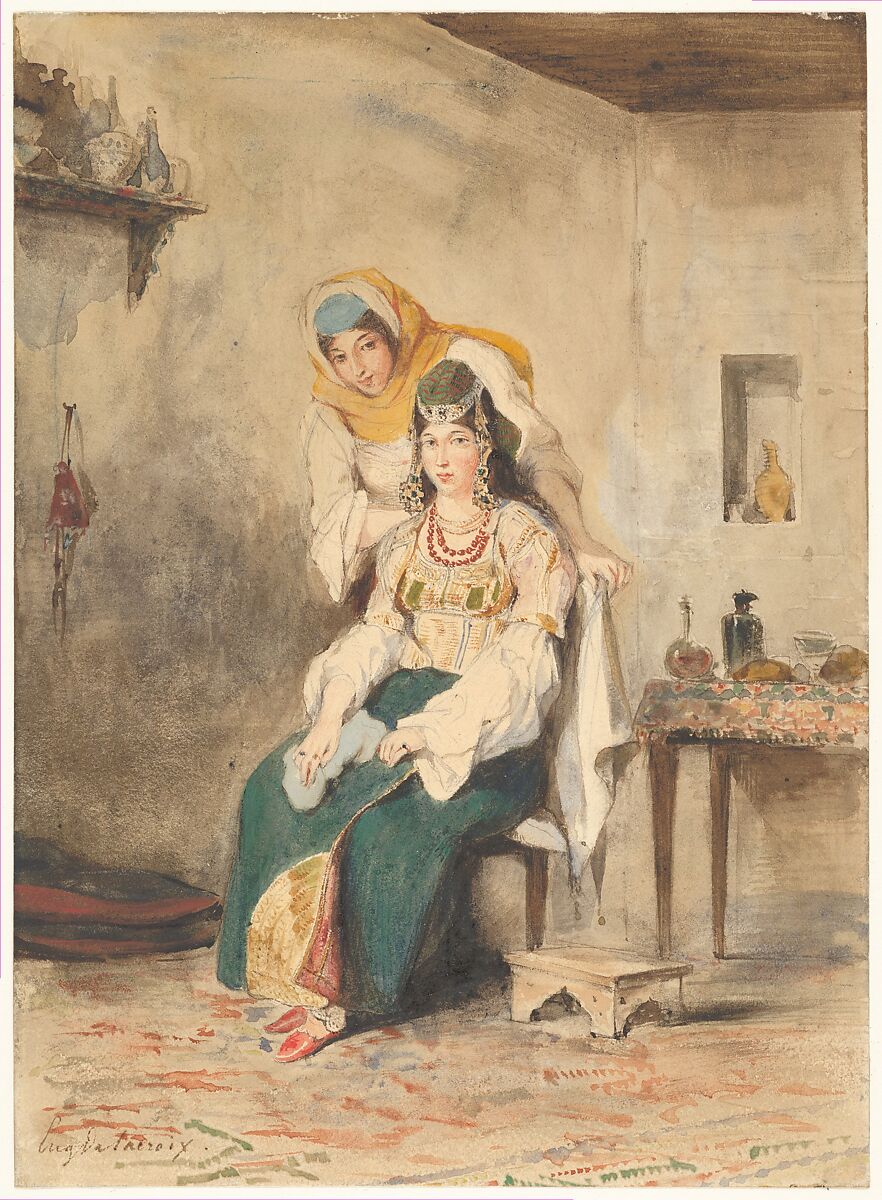 Saada, the Wife of Abraham Ben-Chimol, and Préciada, One of Their Daughters, Eugène Delacroix (French, Charenton-Saint-Maurice 1798–1863 Paris), Watercolor over graphite on wove paper 