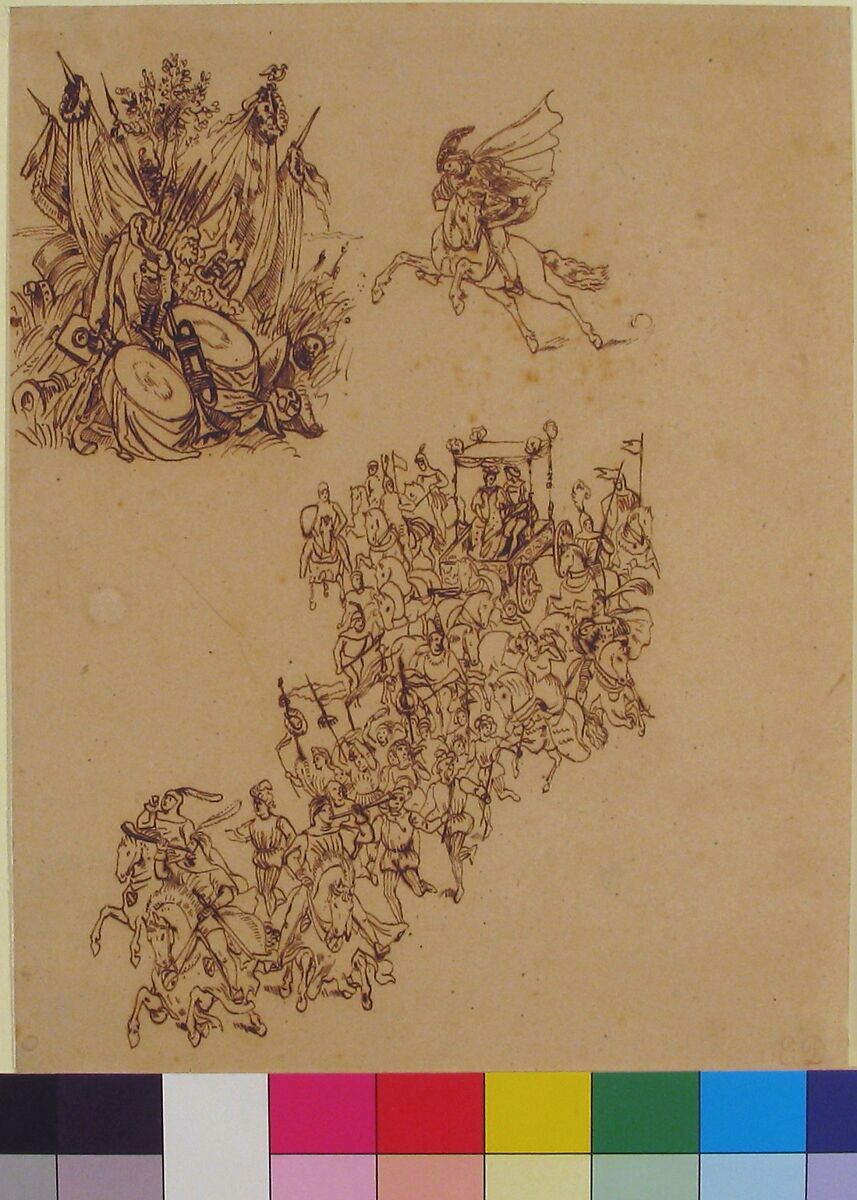 Sheet of Studies:  A Marriage Procession in Sixteenth-Century Dress; a Cavalier; and a Trophy of Arms, Eugène Delacroix (French, Charenton-Saint-Maurice 1798–1863 Paris), Pen and brown ink on brown tracing paper