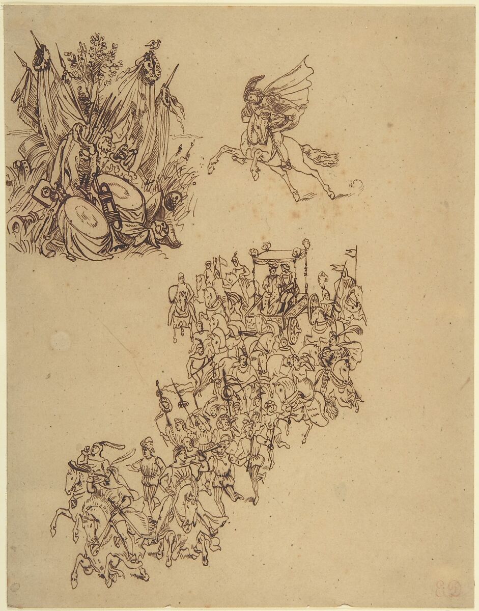 Sheet of Studies:  A Marriage Procession in Sixteenth-Century Dress; a Cavalier; and a Trophy of Arms, Eugène Delacroix (French, Charenton-Saint-Maurice 1798–1863 Paris), Pen and brown ink on brown tracing paper 