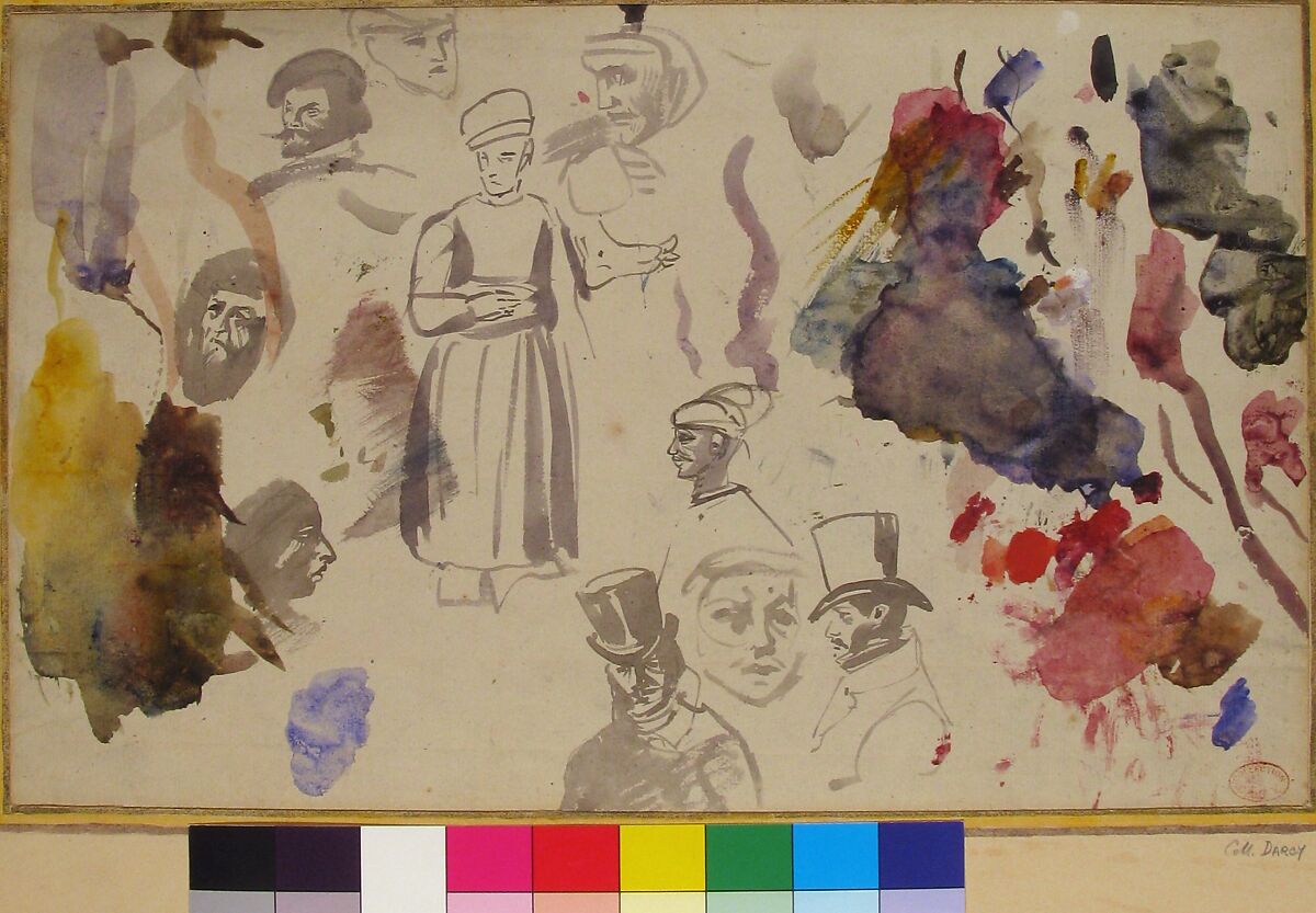 Studies of male heads and a standing male figure, Eugène Delacroix (French, Charenton-Saint-Maurice 1798–1863 Paris), Brush and gray wash, watercolor on laid paper