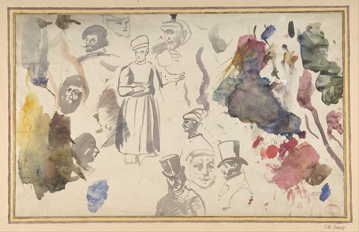 Studies of male heads and a standing male figure, Eugène Delacroix (French, Charenton-Saint-Maurice 1798–1863 Paris), Brush and gray wash, watercolor on laid paper 