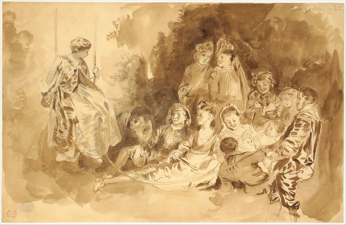 "The Swing," after Antoine Watteau (Les Agréements de l'été), Eugène Delacroix (French, Charenton-Saint-Maurice 1798–1863 Paris), Brush and brown wash over graphite on wove paper