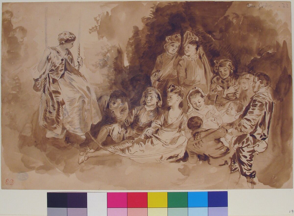 "The Swing," after Antoine Watteau (Les Agréements de l'été), Eugène Delacroix (French, Charenton-Saint-Maurice 1798–1863 Paris), Brush and brown wash over graphite on wove paper