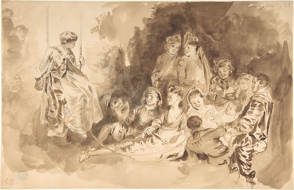 "The Swing," after Antoine Watteau (Les Agréements de l'été), Eugène Delacroix  French, Brush and brown wash over graphite on wove paper