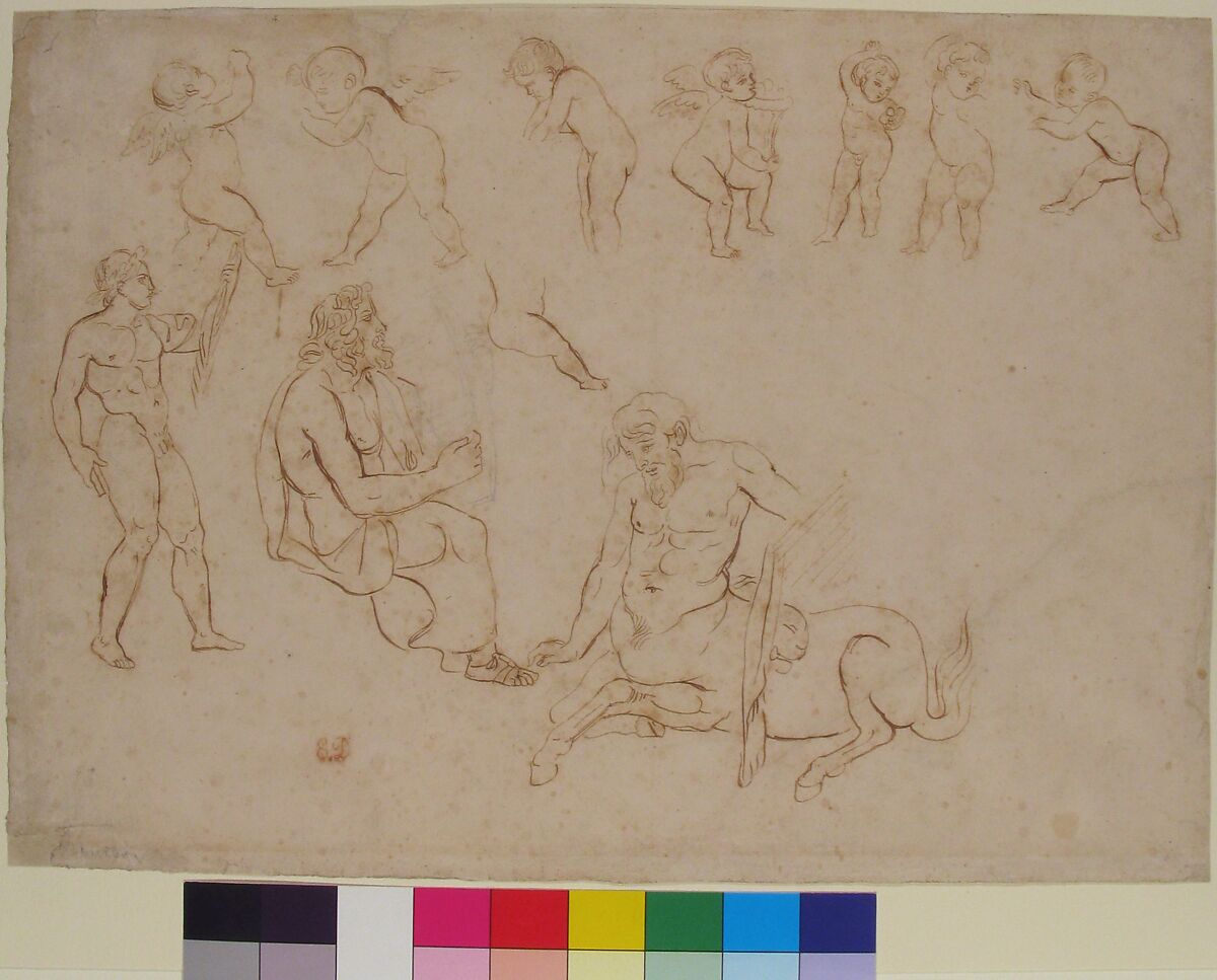 Studies for the decoration of the Library, Palais Bourbon, Paris:  standing nude athlete; seated man with a lyre; centaur; and seven putti (three with wings), Eugène Delacroix (French, Charenton-Saint-Maurice 1798–1863 Paris), Pen and brown ink, faint graphite indications (lyre of seated figure) on wove paper