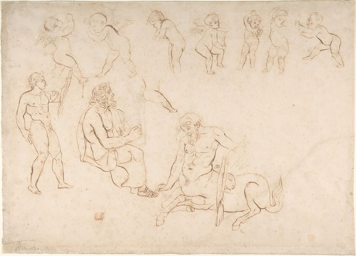 Studies for the decoration of the Library, Palais Bourbon, Paris:  standing nude athlete; seated man with a lyre; centaur; and seven putti (three with wings), Eugène Delacroix (French, Charenton-Saint-Maurice 1798–1863 Paris), Pen and brown ink, faint graphite indications (lyre of seated figure) on wove paper 