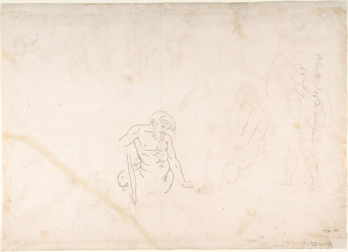 Studies for the decoration of the Library, Palais Bourbon, Paris:  standing nude athlete; seated man with a lyre; centaur; and seven putti (three with wings), Eugène Delacroix (French, Charenton-Saint-Maurice 1798–1863 Paris), Pen and brown ink, faint graphite indications (lyre of seated figure) on wove paper