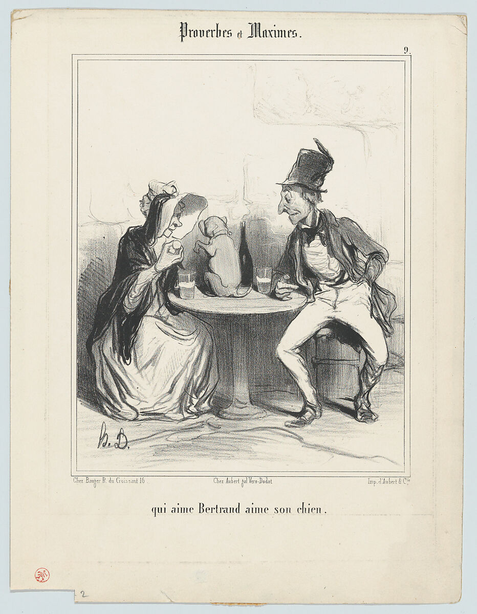 Qui aime Bertrand aime son chien (He who loves Bertrand loves his dog), from Proverbes et Maximes, published in Le Charivari, July 22, 1840, Honoré Daumier (French, Marseilles 1808–1879 Valmondois), Lithograph; third state of three (Delteil) 