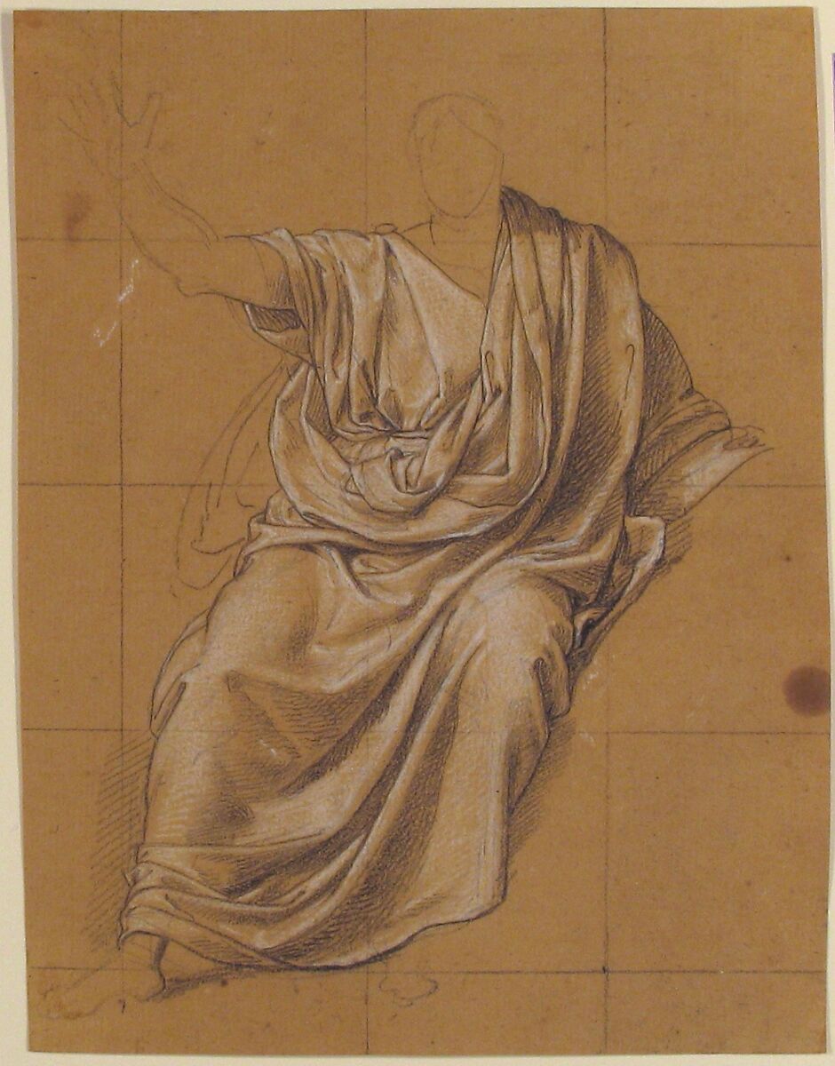 Study of Drapery, Jean-Baptiste Joseph Wicar (French, Lille 1762–1834 Rome), Black chalk, heightened with white, squared in black chalk, on beige paper