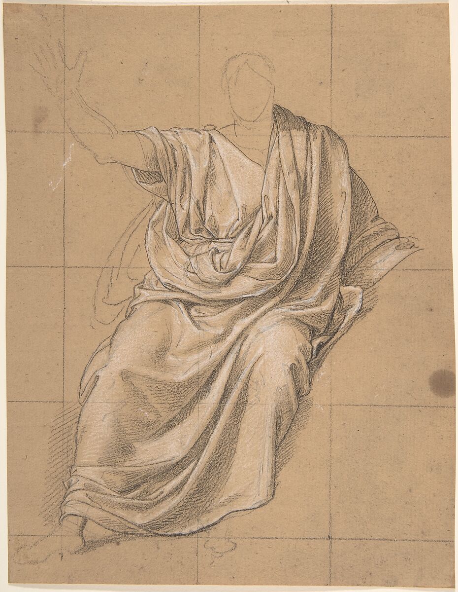 Study of Drapery, Jean-Baptiste Joseph Wicar (French, Lille 1762–1834 Rome), Black chalk, heightened with white, squared in black chalk, on beige paper 