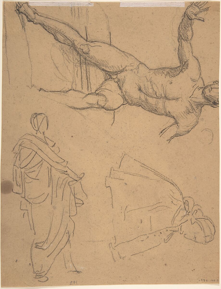 Study of Drapery, Jean-Baptiste Joseph Wicar (French, Lille 1762–1834 Rome), Black chalk, heightened with white, squared in black chalk, on beige paper