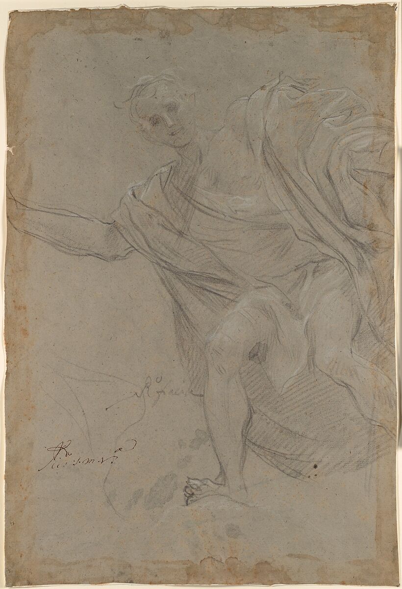 Standing Draped Male Figure, Baldassarre Franceschini (il Volterrano) (Italian, Volterra 1611–1690 Florence), Black chalk, highlighted with white, on blue-green paper, deckled edges.  Glued onto secondary paper support