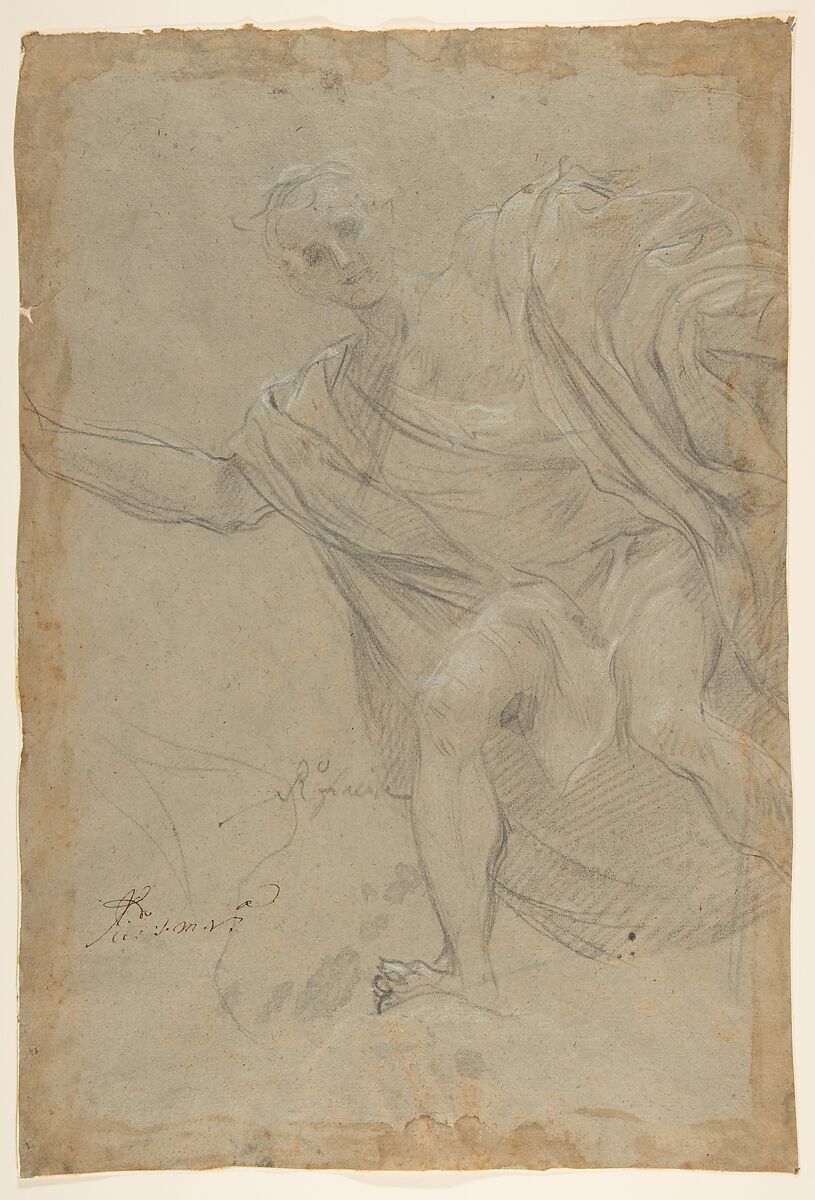 Standing Draped Male Figure, Baldassarre Franceschini (il Volterrano) (Italian, Volterra 1611–1690 Florence), Black chalk, highlighted with white, on blue-green paper, deckled edges.  Glued onto secondary paper support 