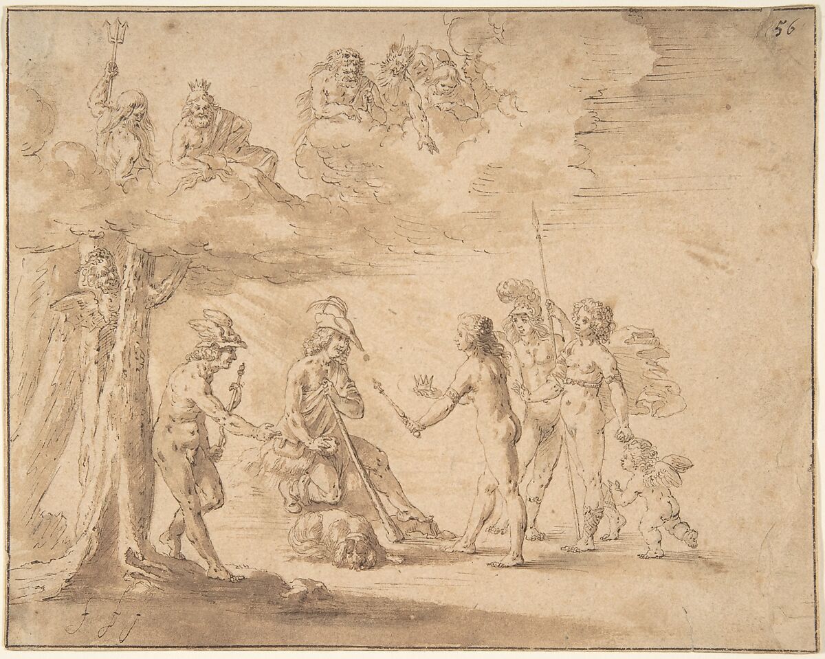 Judgment of Paris, Anonymous, Dutch, 17th century ?, Pen and brown ink, brush and brown wash. 