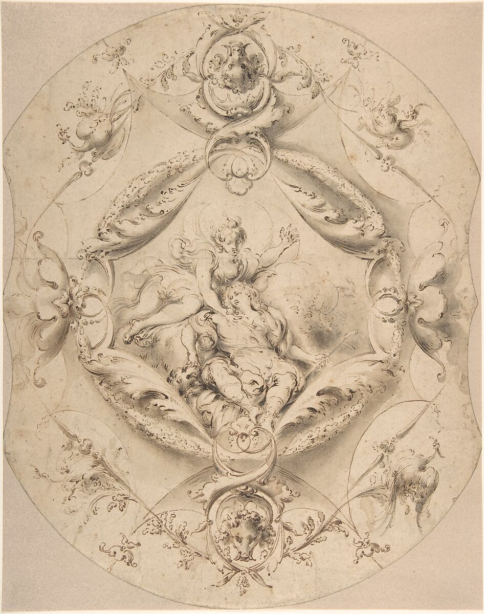 Ornamental Design with Diana and Endymion in a Central Cartouche, Attributed to Jacob Denys (Flemish, 1644–?1708), Pen and brown ink, brush and gray and brown wash. Inlaid down into paper mount with brown and gold framing lines. 