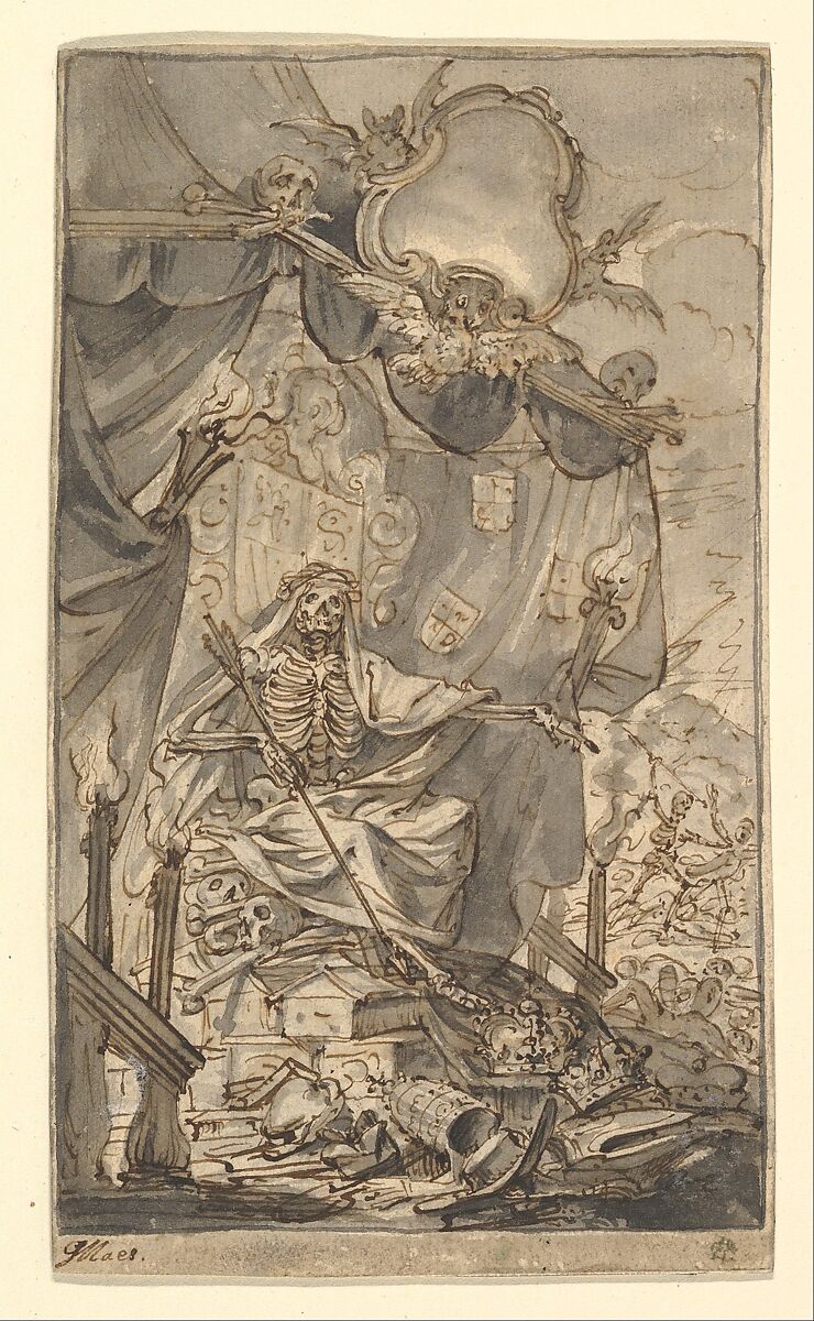 Death on a Canopied Throne (Design for a Title Page), Godfried Maes (Antwerp 1649–1700 Antwerp), Pen and brown ink, brush and gray wash, touches of white gouache, over black chalk.  Laid down on heavy paper mount.  Incised (?). 