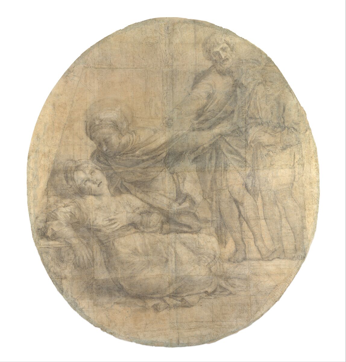The Martyrdom of Saint Cecilia (Cartoon for a Fresco), Domenichino (Domenico Zampieri) (Italian, Bologna 1581–1641 Naples), Charcoal highlighted with white chalk on fourteen sheets of blue laid paper, two of the sheets cut from elsewhere on the original cartoon and reset at the left and right margins to make up the oval 