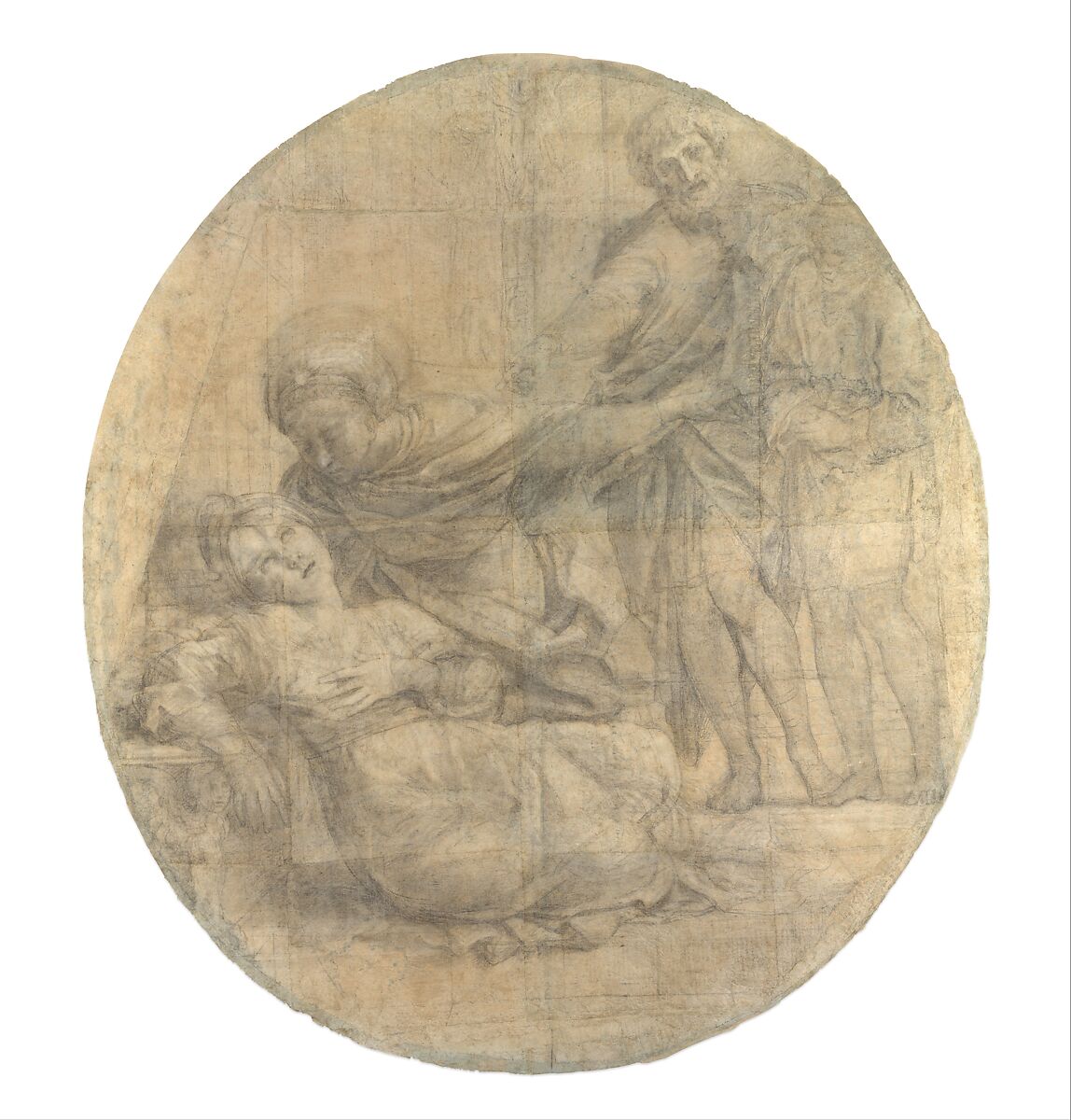 The Martyrdom of Saint Cecilia (Cartoon for a Fresco), Domenichino (Domenico Zampieri)  Italian, Charcoal highlighted with white chalk on fourteen sheets of blue laid paper, two of the sheets cut from elsewhere on the original cartoon and reset at the left and right margins to make up the oval