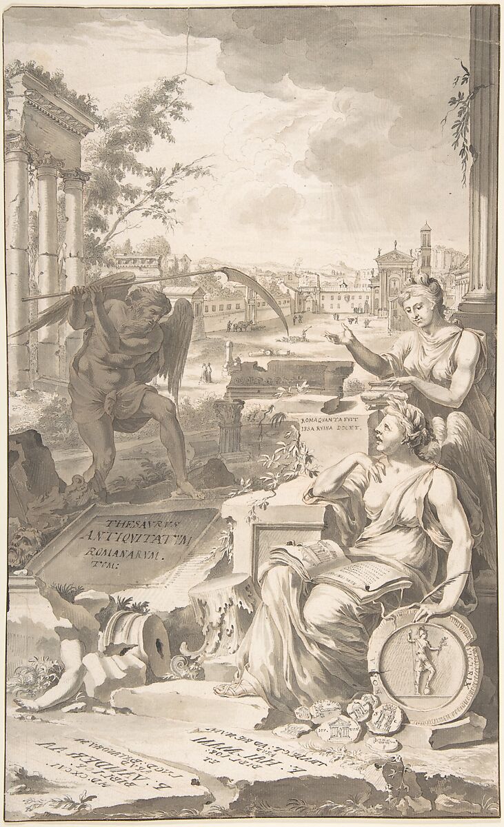 Study for Title Page to "Thesavrvs Antiqvitatvm Romanarvm", 1696, Jan Goeree (Dutch, Middelburg 1670–1731 Amsterdam), Pen and gray ink, brush and brown and gray wash, over red chalk 