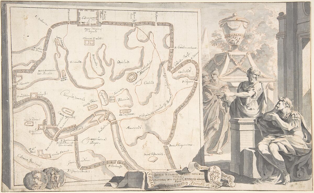 Map of Ancient Rome Illustrating Major Monuments and the Seven Hills, Jan Goeree (Dutch, Middelburg 1670–1731 Amsterdam), Brush and gray wash, pen and gray and brown ink over red and black chalk 