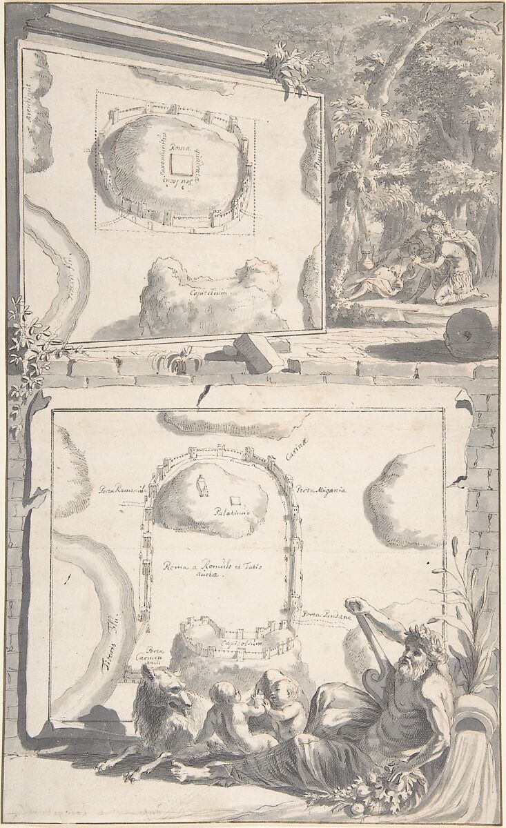 Two Maps of Ancient Rome with a River God and Romulus and Remus, Jan Goeree (Dutch, Middelburg 1670–1731 Amsterdam), Brush and gray wash, pen and black ink, over red chalk. Incised. 