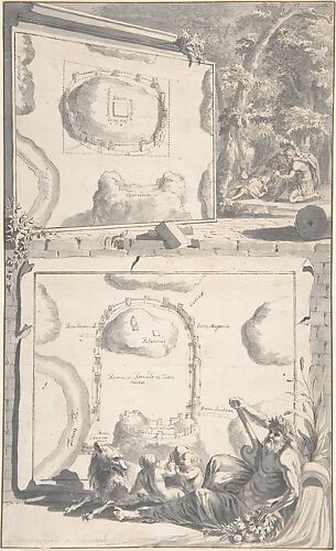 Two Maps of Ancient Rome with a River God and Romulus and Remus