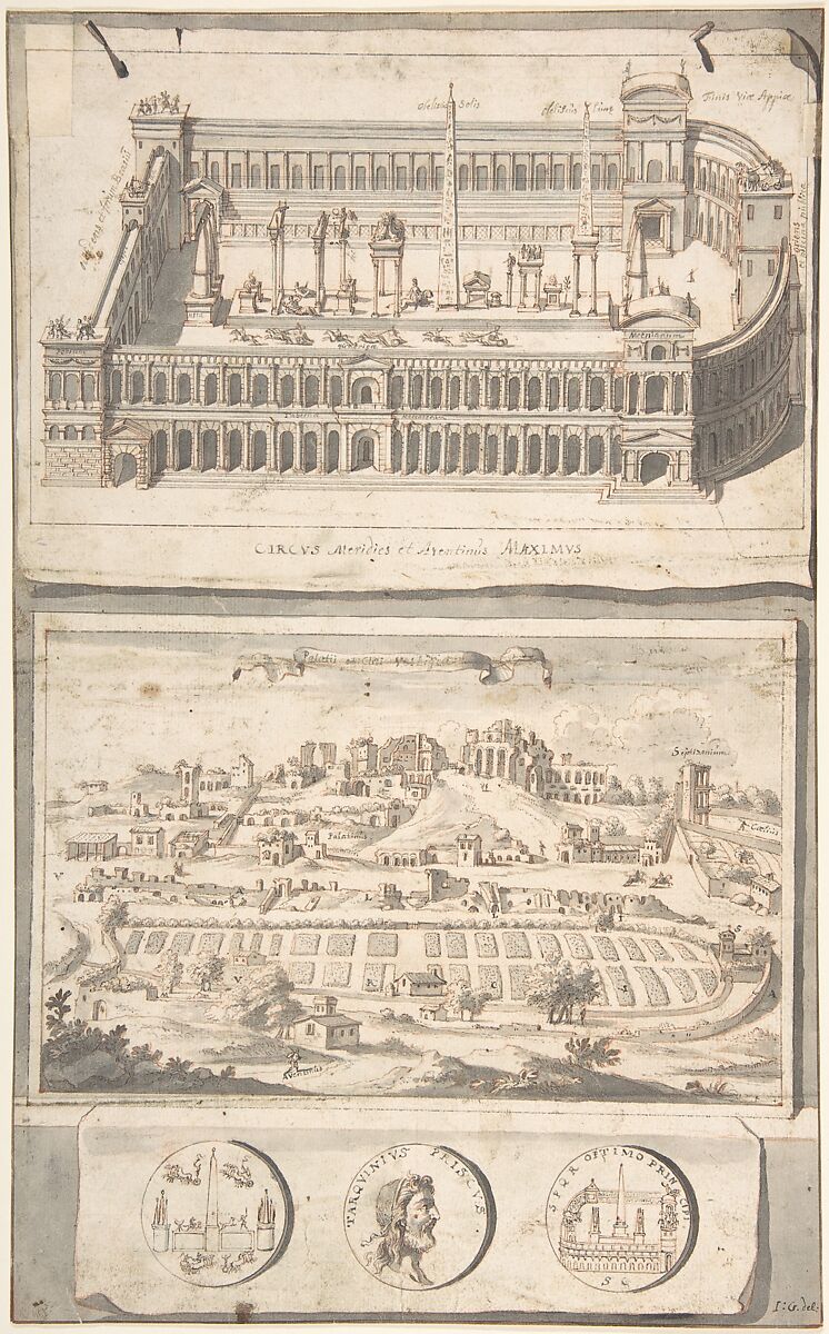 Reconstruction of the Circus Maximus (above) and a View of the Site (below), Jan Goeree (Dutch, Middelburg 1670–1731 Amsterdam), Pen and black ink, brush and gray wash, red chalk 
