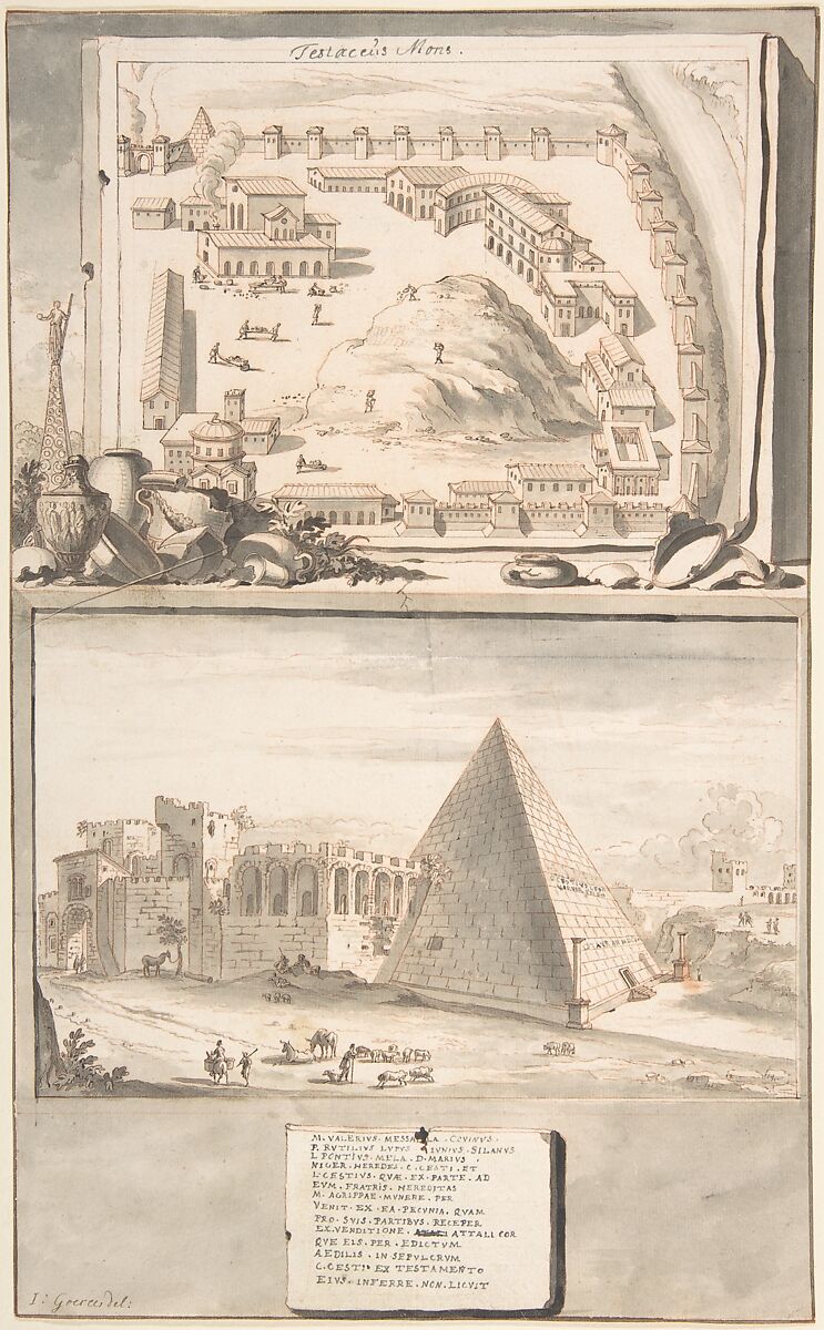 View of the Mons Testaceus (above) and the Pyramid of Cestius (below), Jan Goeree (Dutch, Middelburg 1670–1731 Amsterdam), Pen and black ink, brush and gray wash, red chalk, over traces of black chalk 
