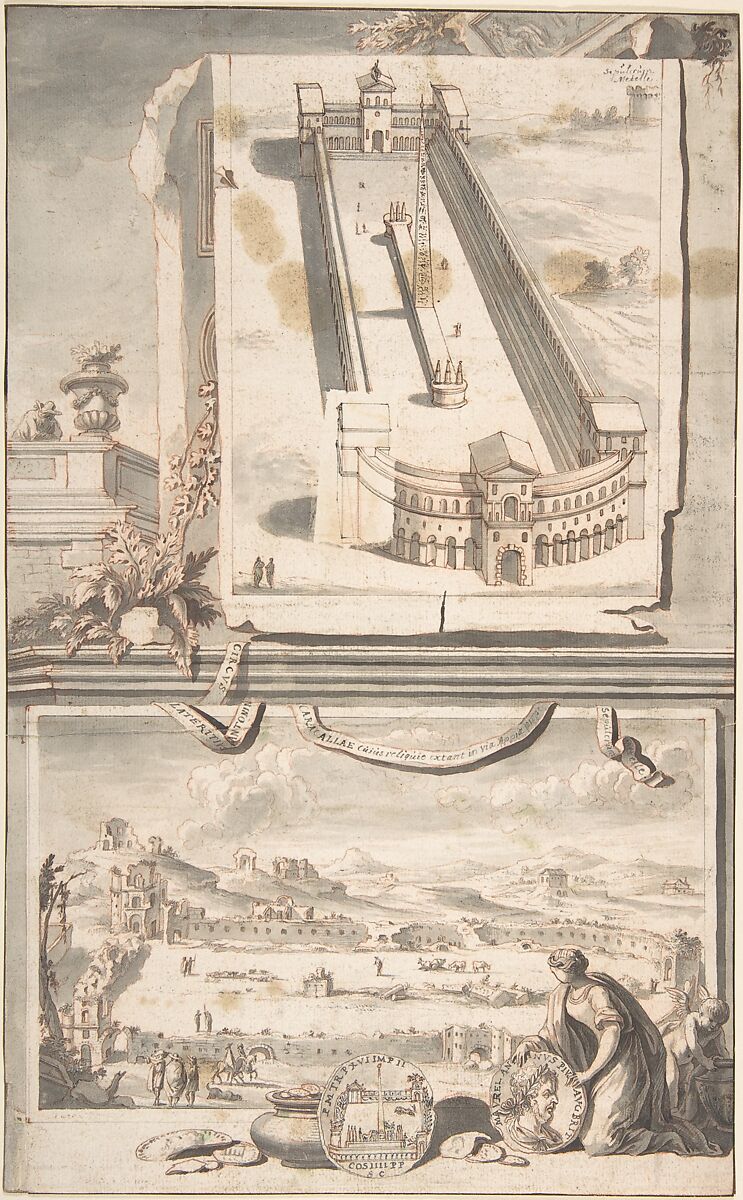 Reconstruction of the Circus of Caracalla (above) and a View of the Ruins (below), Jan Goeree (Dutch, Middelburg 1670–1731 Amsterdam), Red chalk, brush and gray wash, pen and black ink 