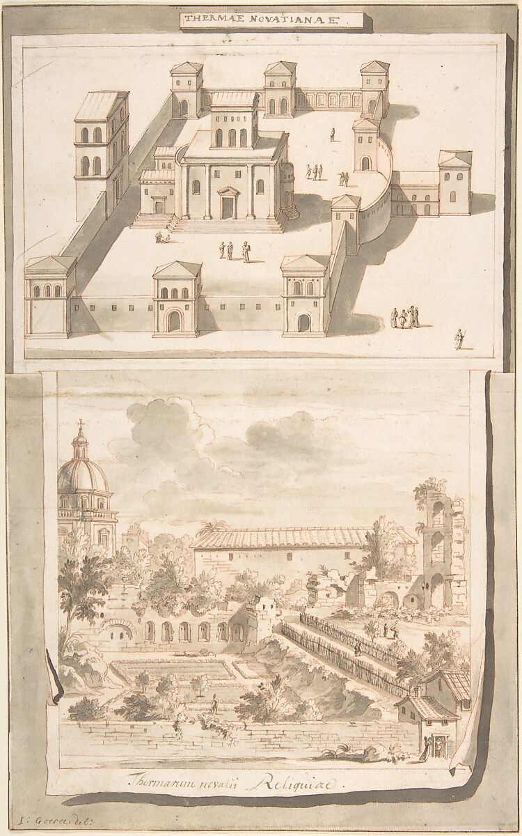 A Reconstruction of the Thermae of Novitian (above) and a View of the Ruins (below), Jan Goeree (Dutch, Middelburg 1670–1731 Amsterdam), Pen and black ink, brush and brown wash, red chalk, over traces of black chalk 