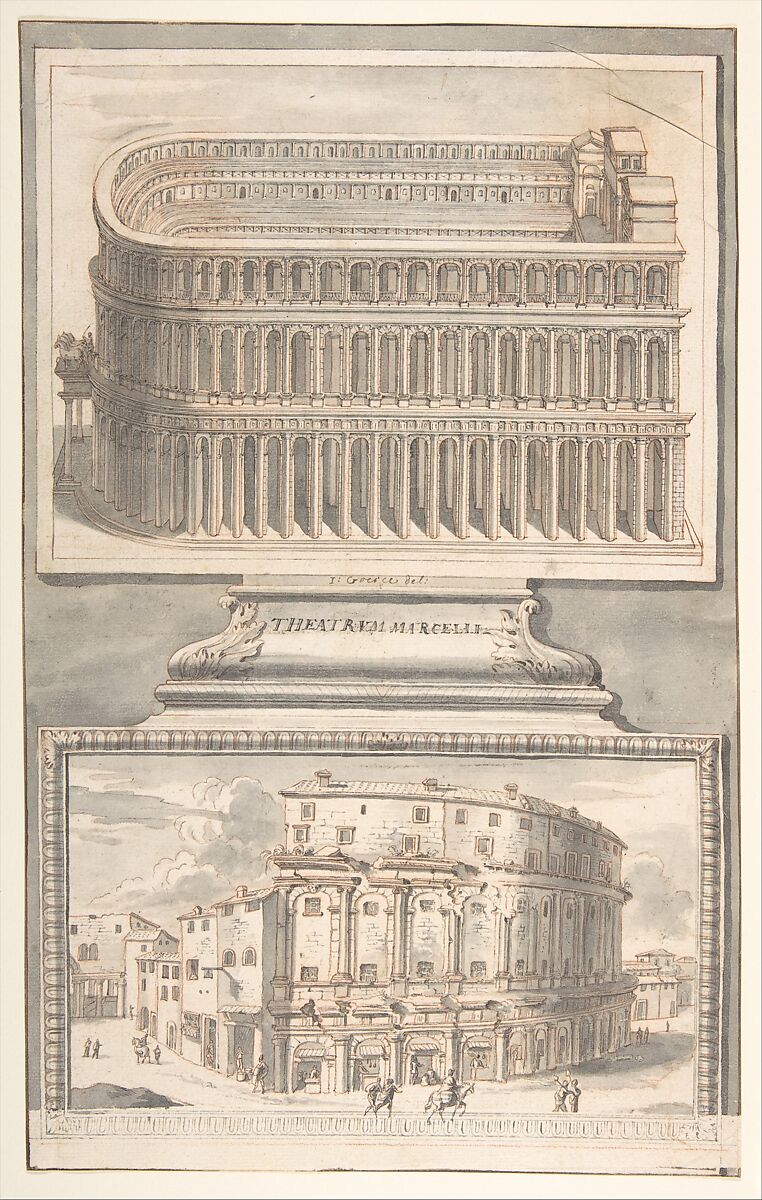 Reconstruction of the Theatre of Marcellus (above) and a View of the Ruins (below), Jan Goeree (Dutch, Middelburg 1670–1731 Amsterdam), Red chalk, pen and black ink, brush and gray wash, over traces of black chalk; incised (?) 