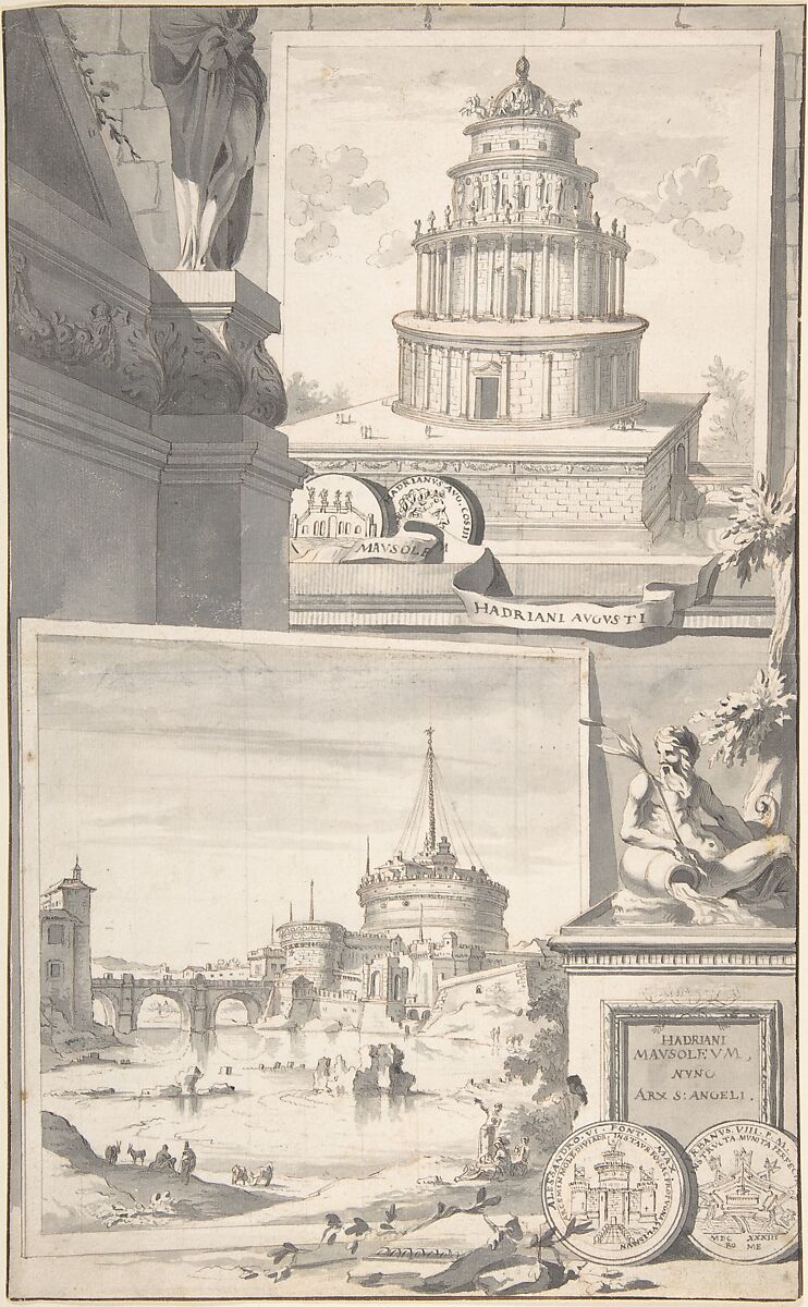 Reconstruction of the Mausoleum of Hadrian (above) and a View of the Castel S. Angelo (below), Jan Goeree (Dutch, Middelburg 1670–1731 Amsterdam), Pen and black ink, brush and gray wash, red chalk, lower image squared in black chalk; incised 