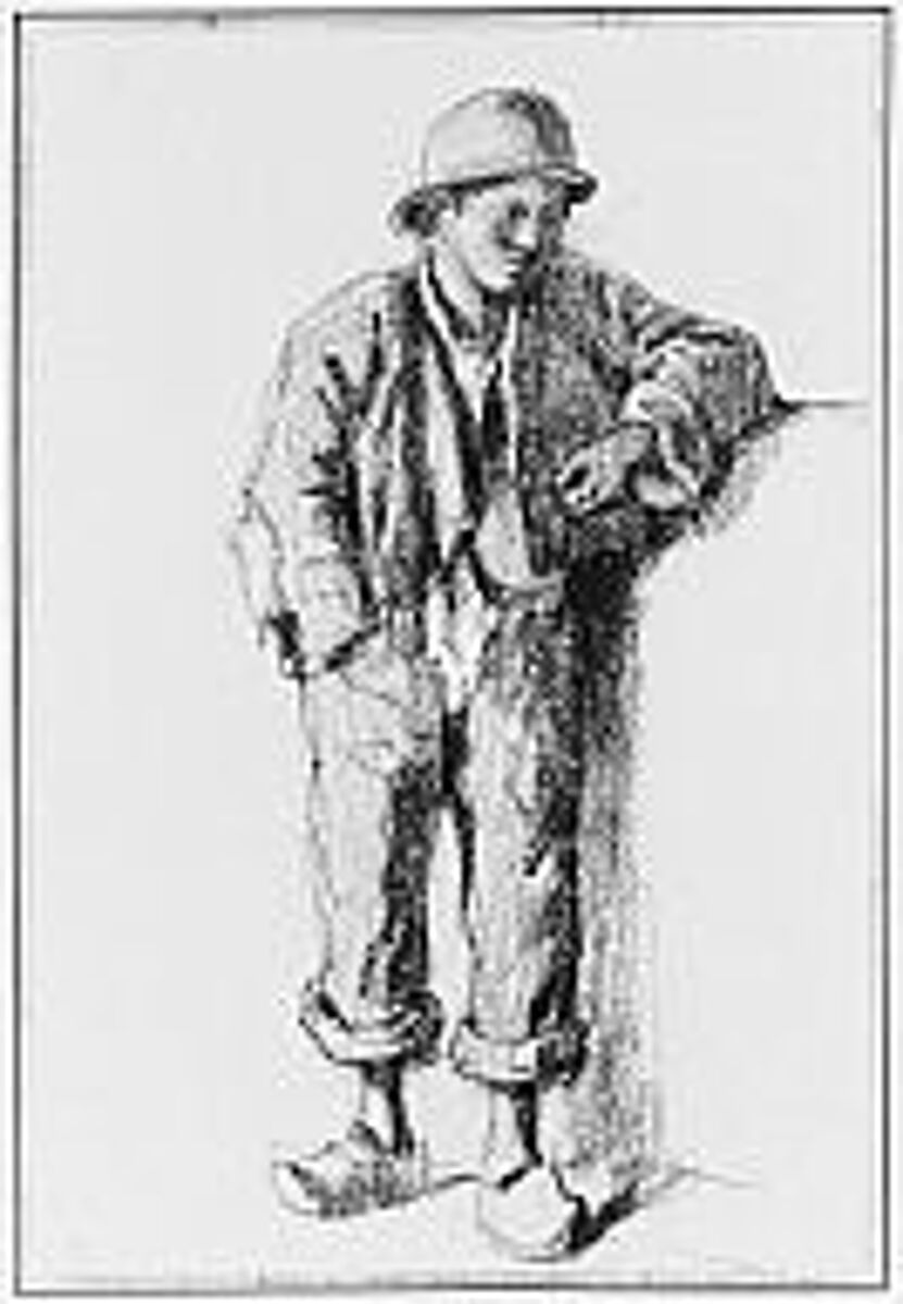 A Standing Peasant Boy in Hat and Wooden Shoes, Constant Troyon (French, Sèvres 1810–1865 Paris), Black chalk, heightened with white