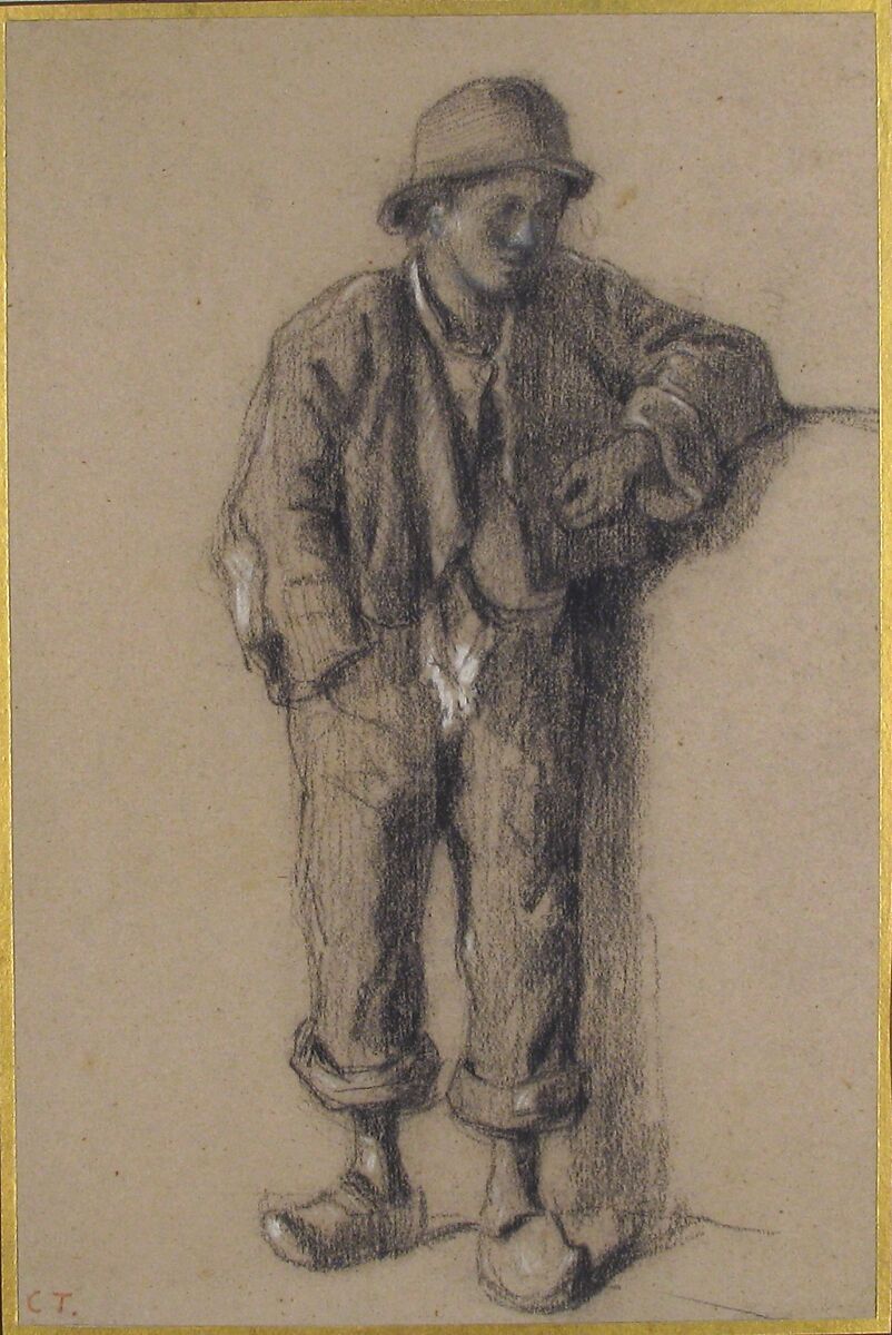 A Standing Peasant Boy in Hat and Wooden Shoes, Constant Troyon (French, Sèvres 1810–1865 Paris), Black chalk, heightened with white