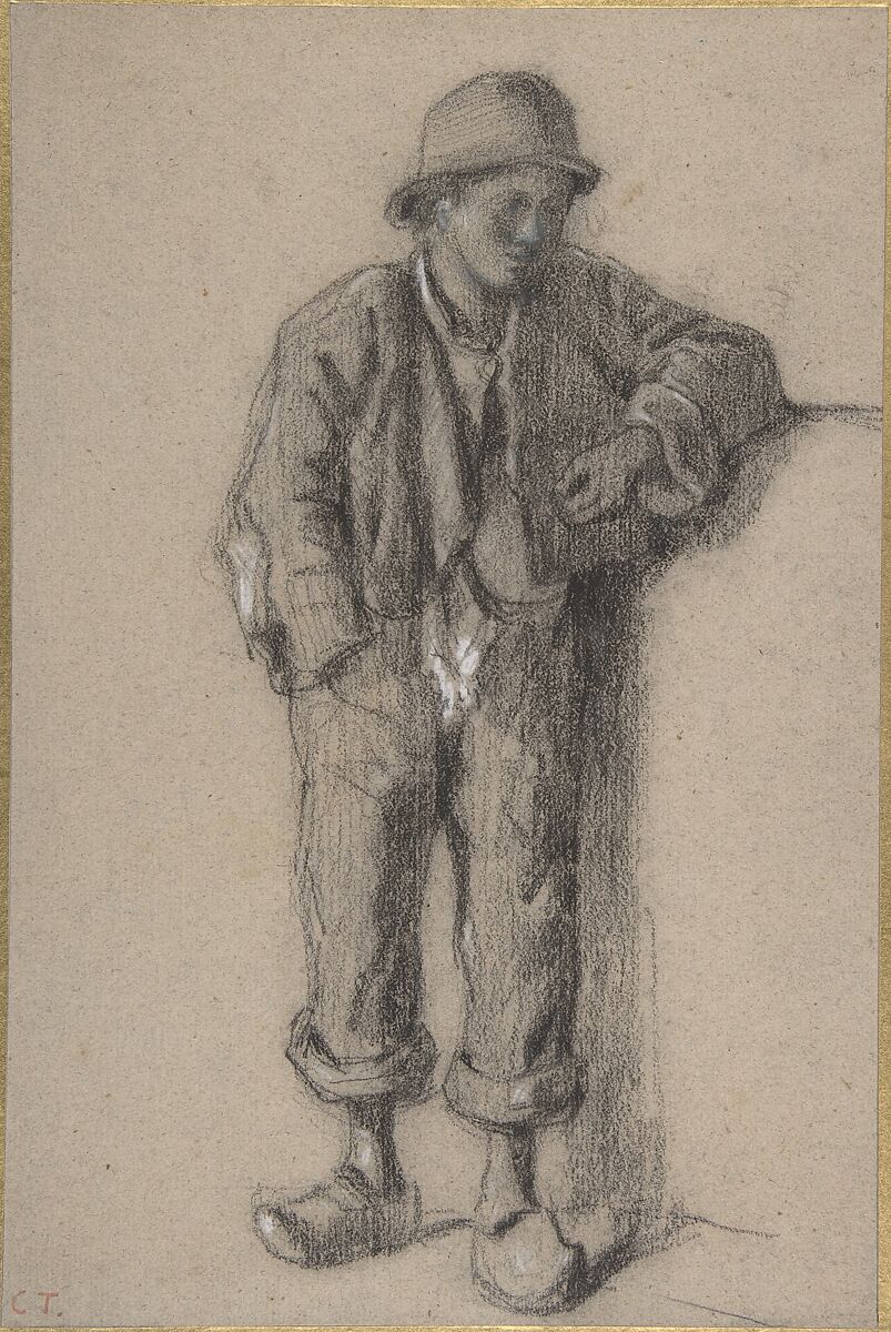 A Standing Peasant Boy in Hat and Wooden Shoes, Constant Troyon (French, Sèvres 1810–1865 Paris), Black chalk, heightened with white 