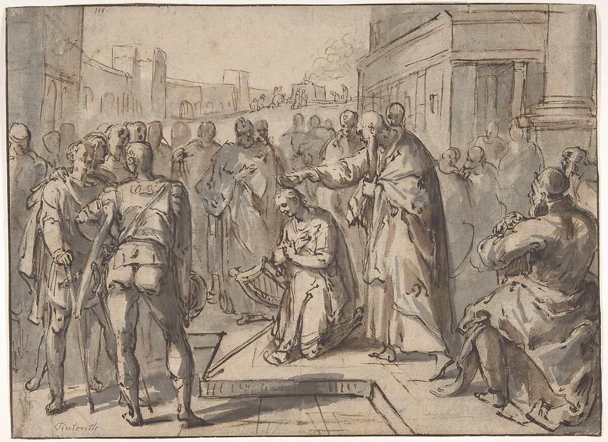 Samuel Annointing David; verso: sketch of two figures, Karel van Mander I (Netherlandish, Meulebeke 1548–1606 Amsterdam), Pen and brown ink, brush and brown and gray wash. Pasted down. Verso: pen and brown ink, incised and rubbed with black chalk 