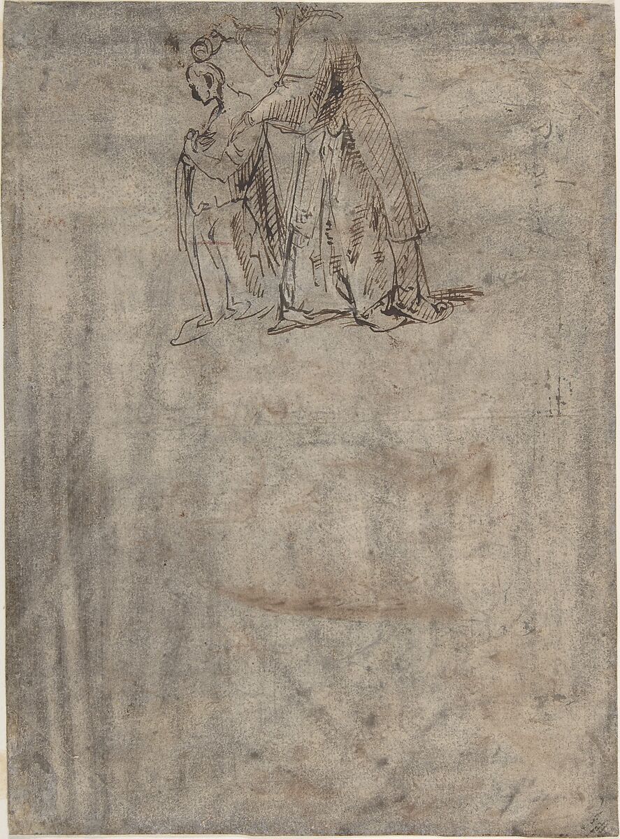 Samuel Annointing David (recto); Sketch of two figures (verso), Karel van Mander I (Netherlandish, Meulebeke 1548–1606 Amsterdam), Pen and brown ink, brush and brown and gray wash; pasted down (recto); pen and brown ink, incised and rubbed with black chalk (verso)