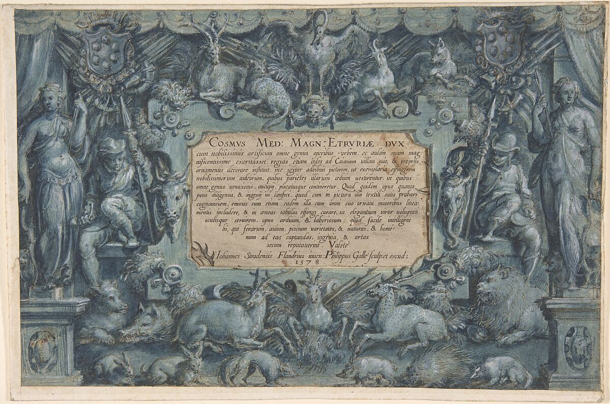 Design for a Frontispiece with the Medici Arms, Jan van der Straet, called Stradanus (Netherlandish, Bruges 1523–1605 Florence), Pen and brown ink, brush and blue wash, heightened with white, incised for transfer; with collage 