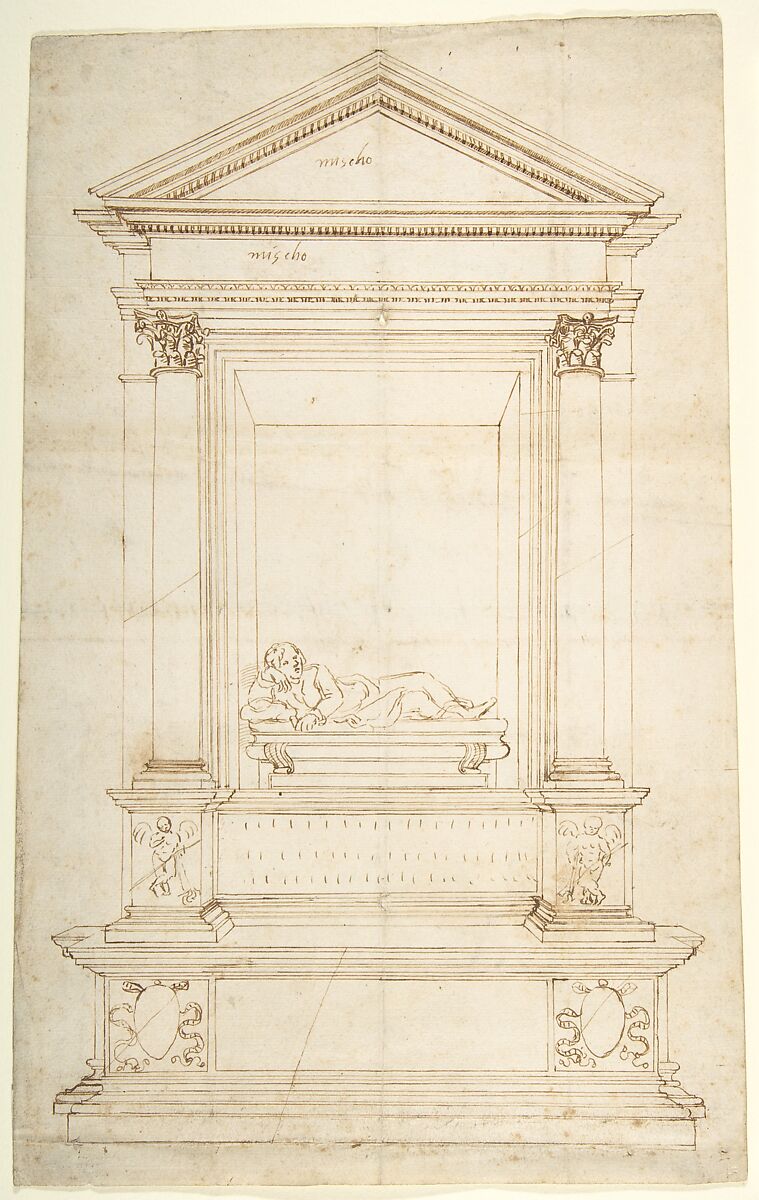 Design for a Wall Tomb., Anonymous, Central-Italian, 16th century, Pen and brown ink, over stylus-ruled and compass-incised construction marks, on light tan laid paper 
