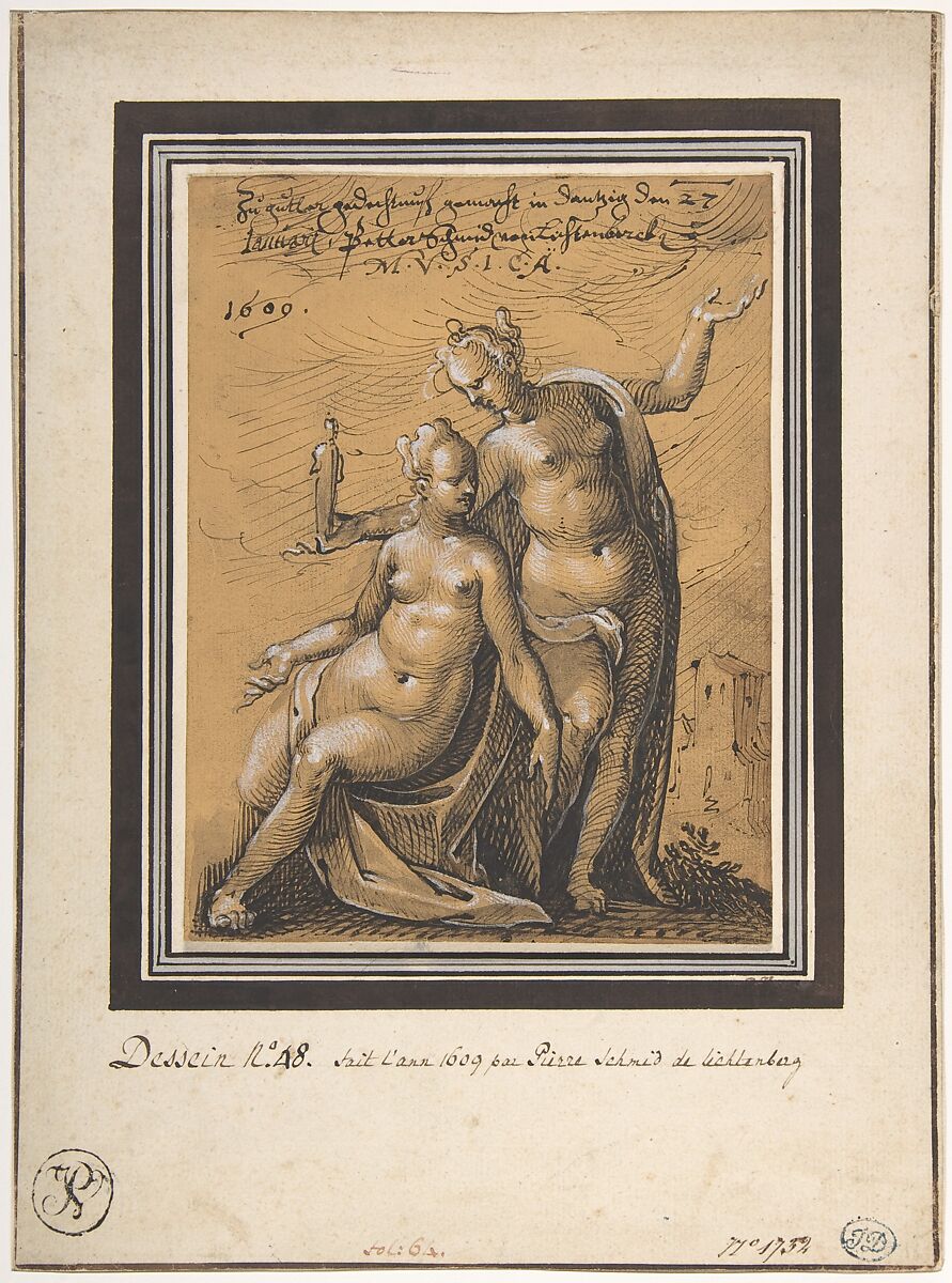 Allegory of Art, Peter Schmidt von Lichtenberg (German, Lichtenberg 1585–1620 Breslau), Pen and black ink, brush and gray wash, heightened with white on yellow prepared paper 