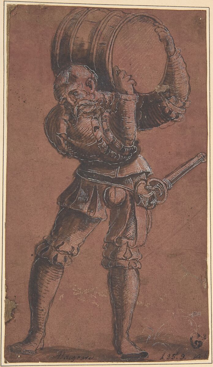 Landsknecht Carrying a Barrel, Attributed to Georg Lemberger (German, Nuremberg (?), ca. 1490–ca. 1540), Brush and black ink, gray wash, heightened with white 