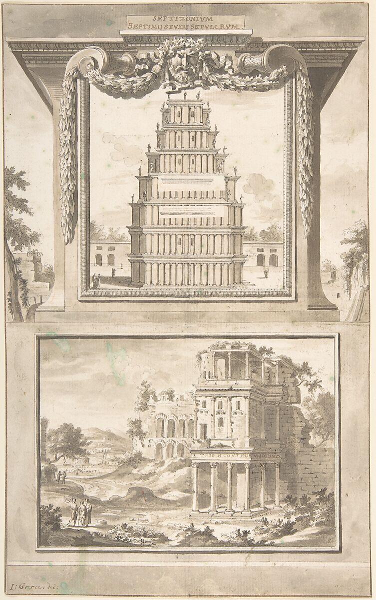 Reconstruction of the Monument to Septimius Severus (above), View of the Ruins (below), Jan Goeree (Dutch, Middelburg 1670–1731 Amsterdam), Pen and black ink, brush and brown wash, traces of red chalk 