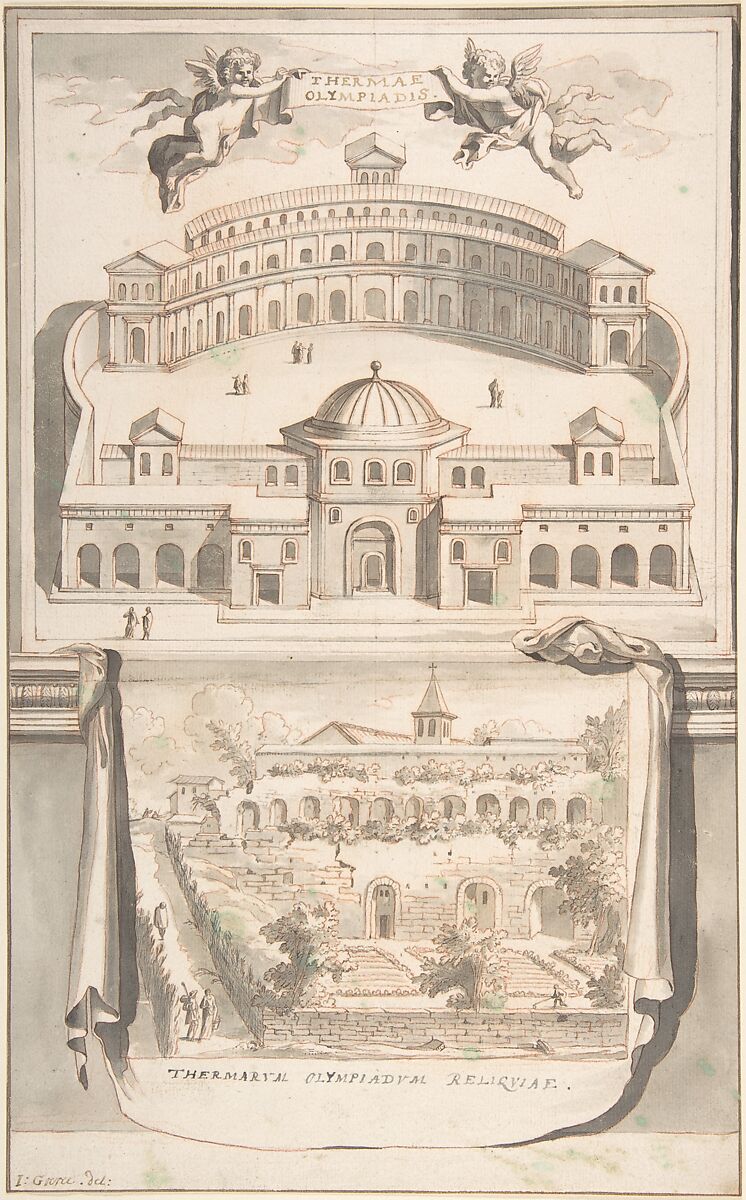 Reconstruction of the Thermae Olympiadis (above) and View of the Ruins (below), Jan Goeree (Dutch, Middelburg 1670–1731 Amsterdam), Red chalk, pen and black ink, brush and gray wash, over black chalk 