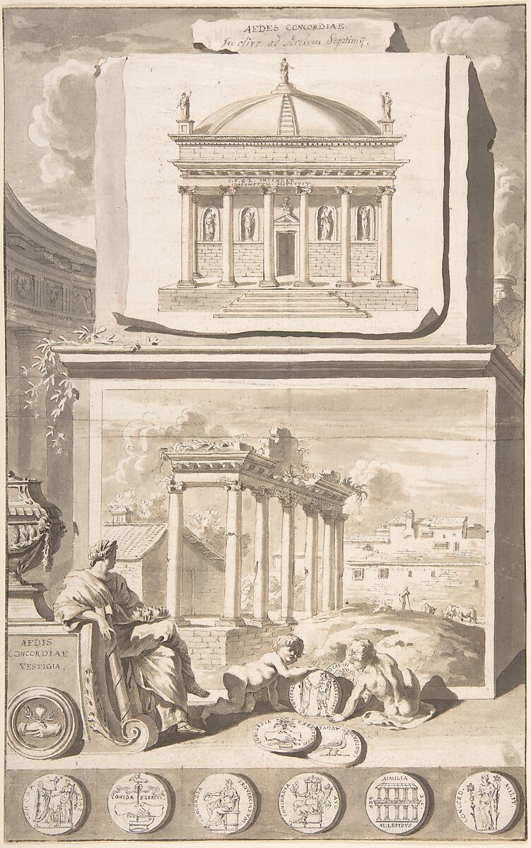 A Reconstruction of the Aedes Concordiae (above) and a View of the Ruins (below), Jan Goeree (Dutch, Middelburg 1670–1731 Amsterdam), Pen and black ink, brush and brown wash, red chalk 
