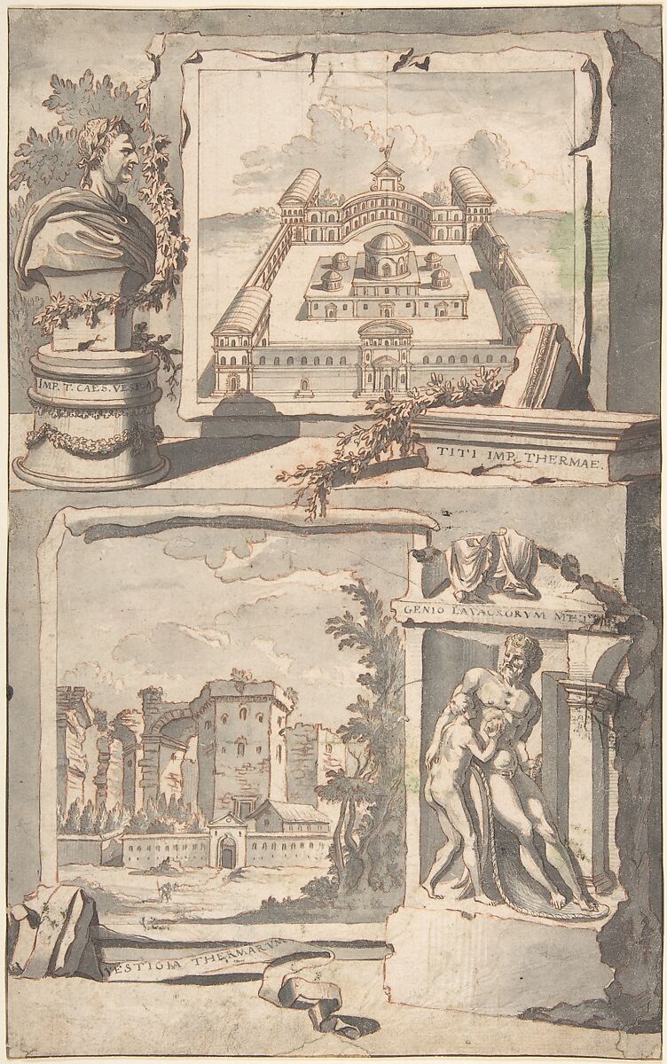 Reconstruction of the Thermae of Titus (above) and a View of the Ruins (below), Jan Goeree (Dutch, Middelburg 1670–1731 Amsterdam), Red chalk, brush and gray wash, pen and black ink, over traces of black chalk 