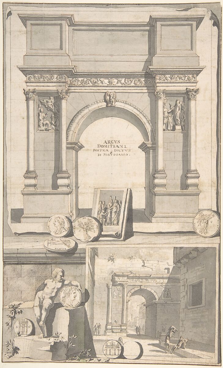 A Reconstruction of the Arch of Domitian (above) and View the Ruins (below), Jan Goeree (Dutch, Middelburg 1670–1731 Amsterdam), Pen and black ink, brush and gray wash over red and black chalk 